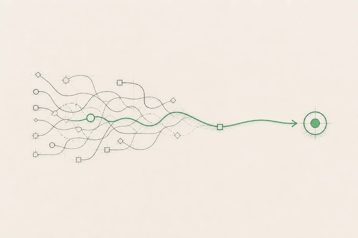Several tangled paths becoming one clear route to the right target