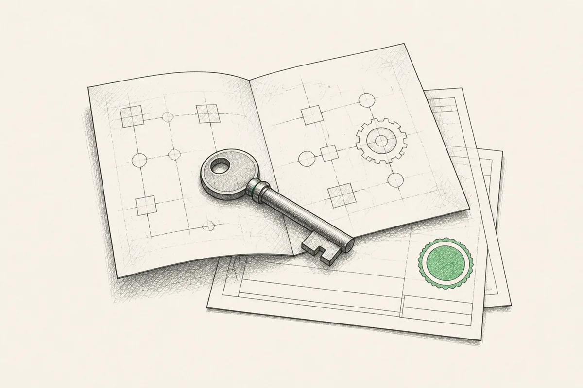 An open system blueprint with a key showing clear client ownership