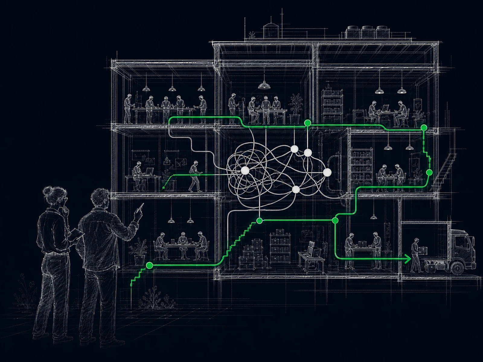 A hand-drawn architectural cutaway tracing how work moves through a business