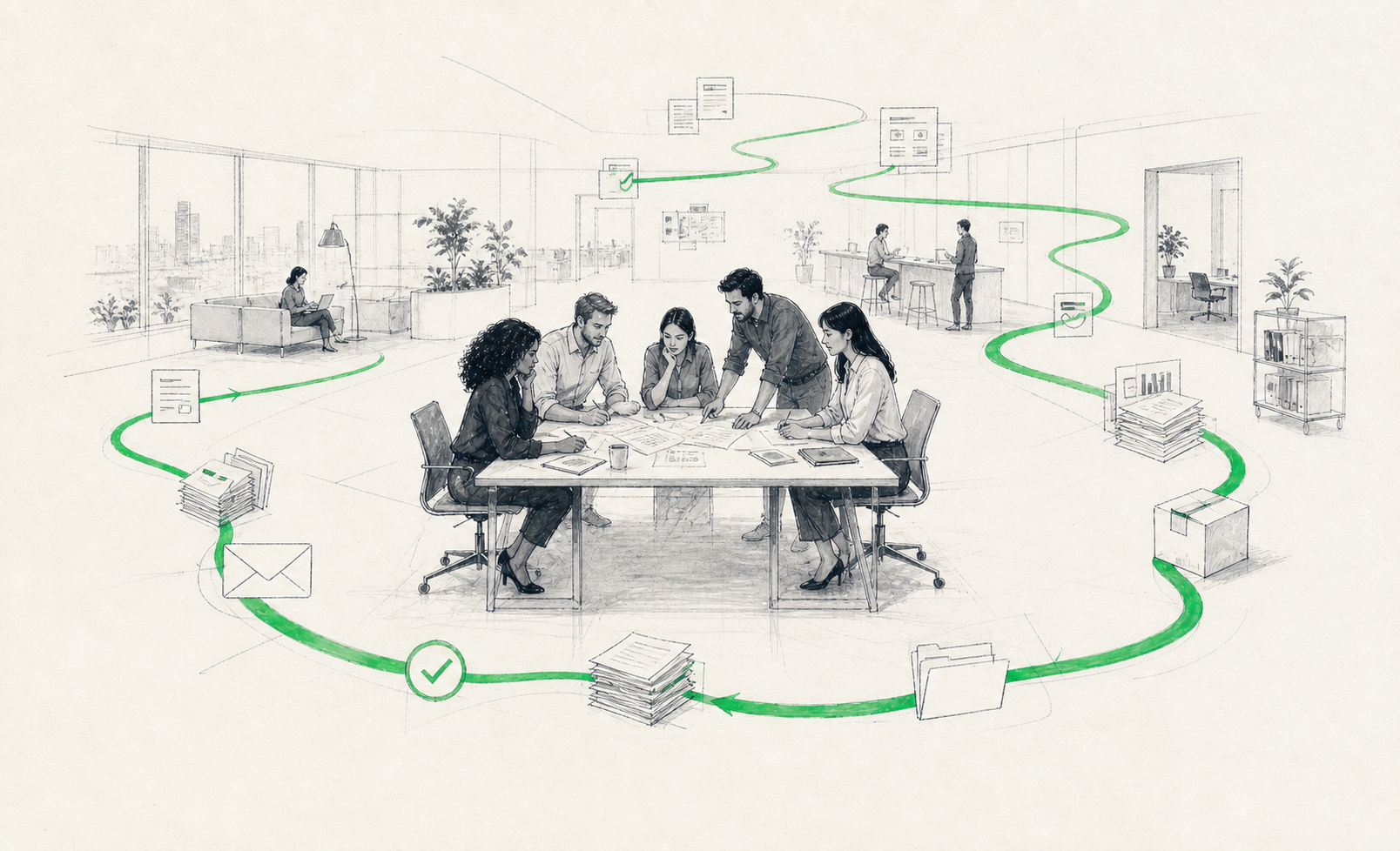 A hand-drawn team working inside a clear connected operating system