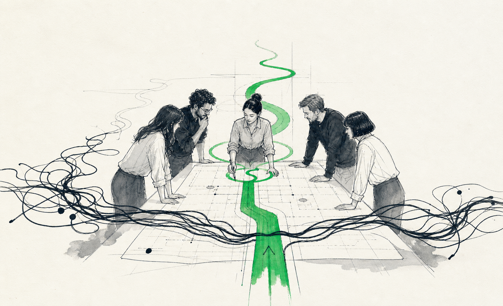 A hand-drawn team turning tangled business operations into one clear system