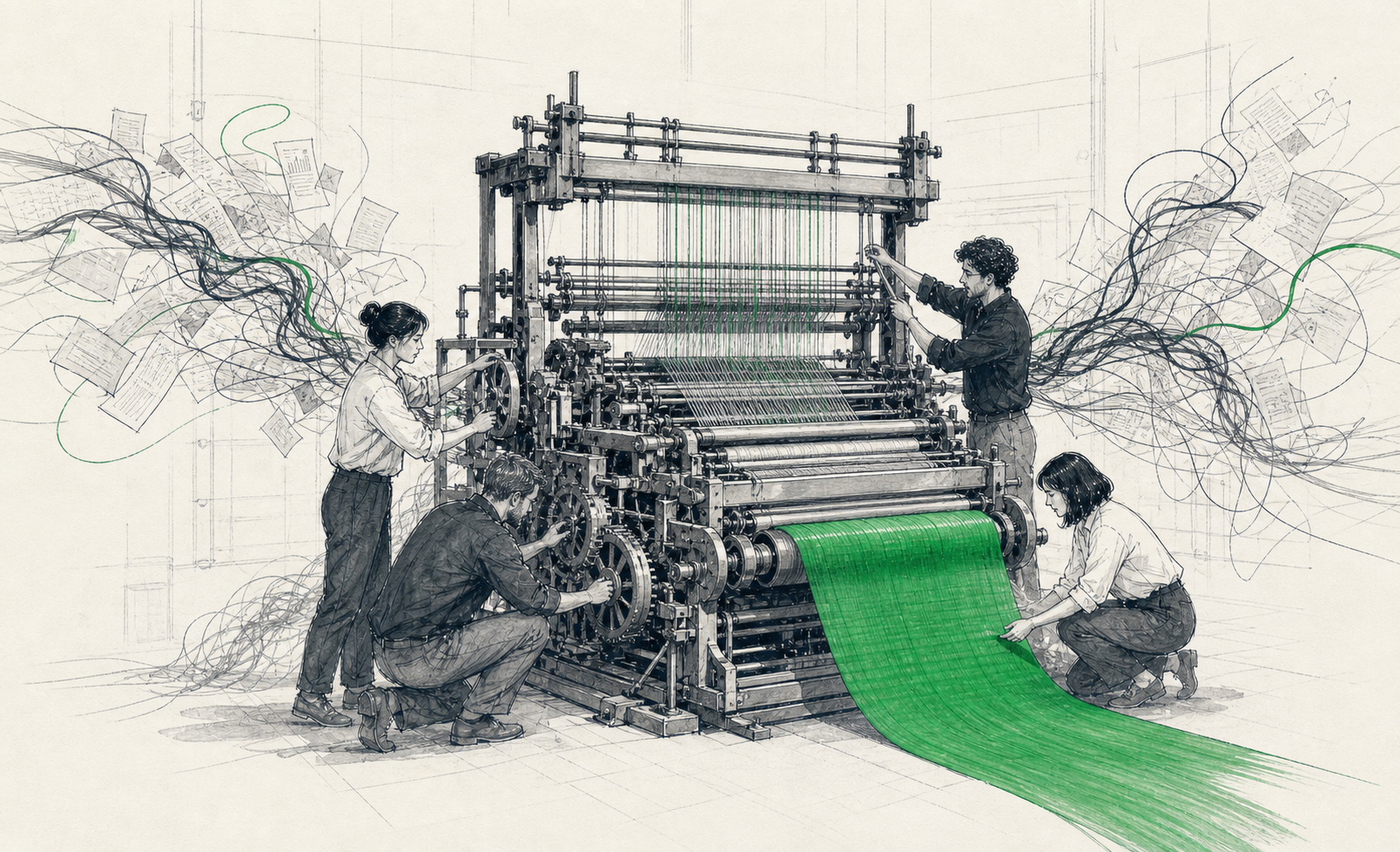 A hand-drawn team turning scattered work into one reliable system